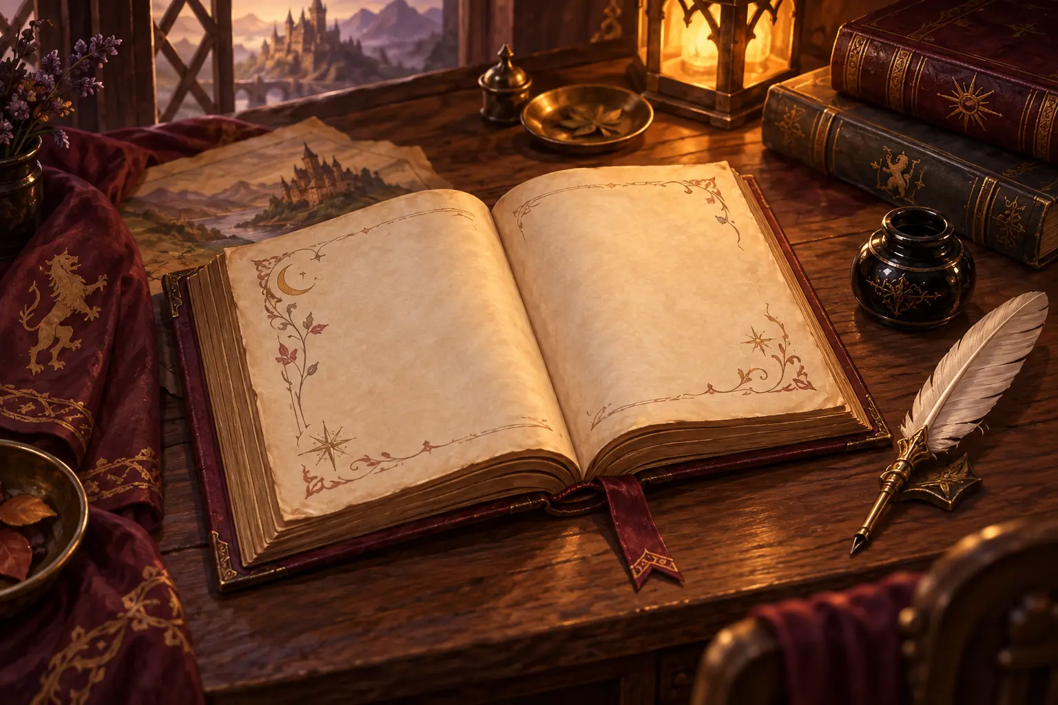 Buku cerita parchment, pena bulu, dan tinta di meja penulis