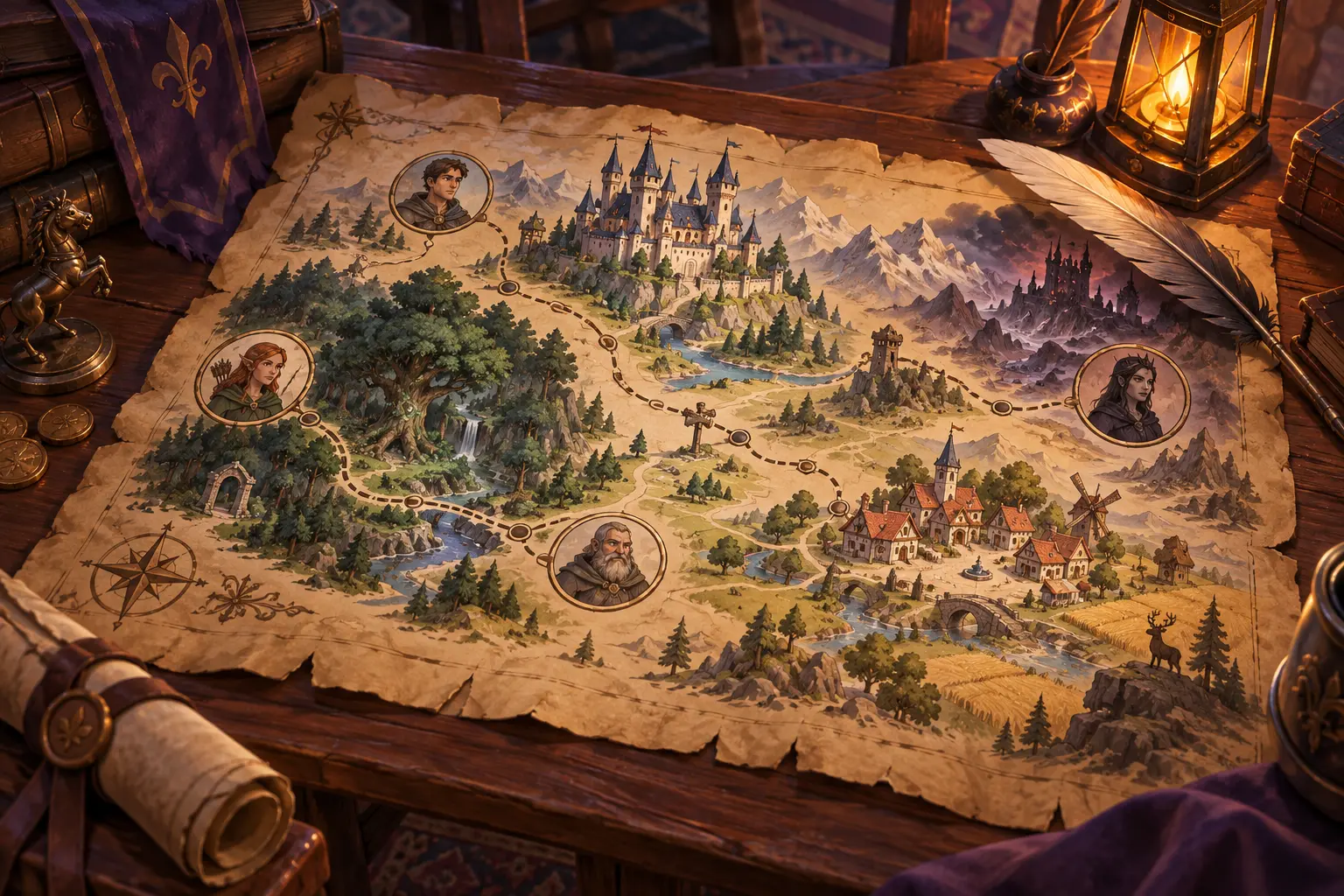 Peta cerita fantasy medieval dengan lokasi dan karakter