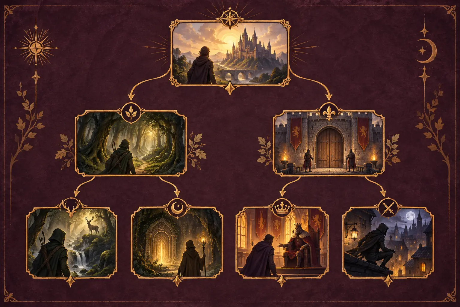 Diagram percabangan cerita fantasy dengan pilihan dan konsekuensi