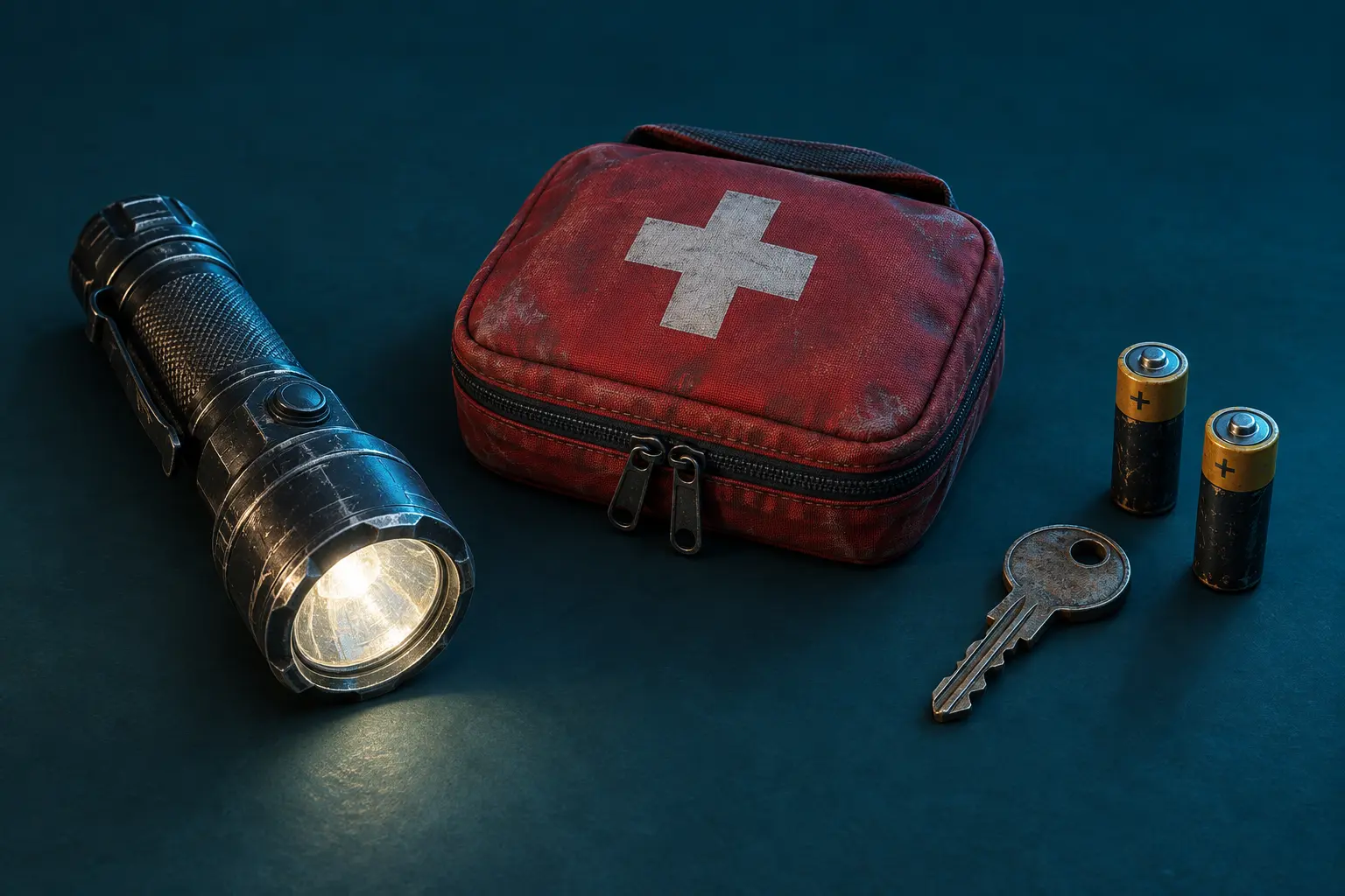 Senter, kotak medis, kunci, dan baterai untuk sistem survival