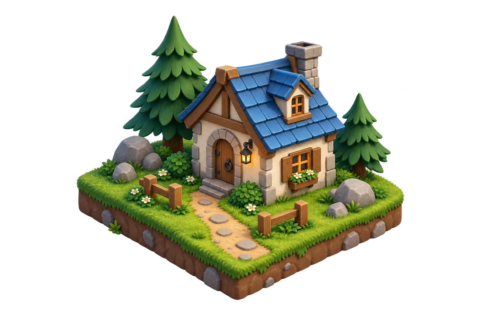 Diorama rumah, pepohonan, dan jalan setapak