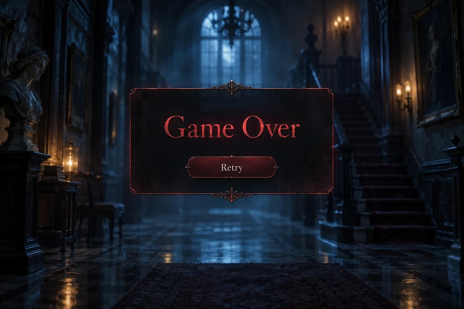 Ilustrasi layar Game Over dan tombol Retry
