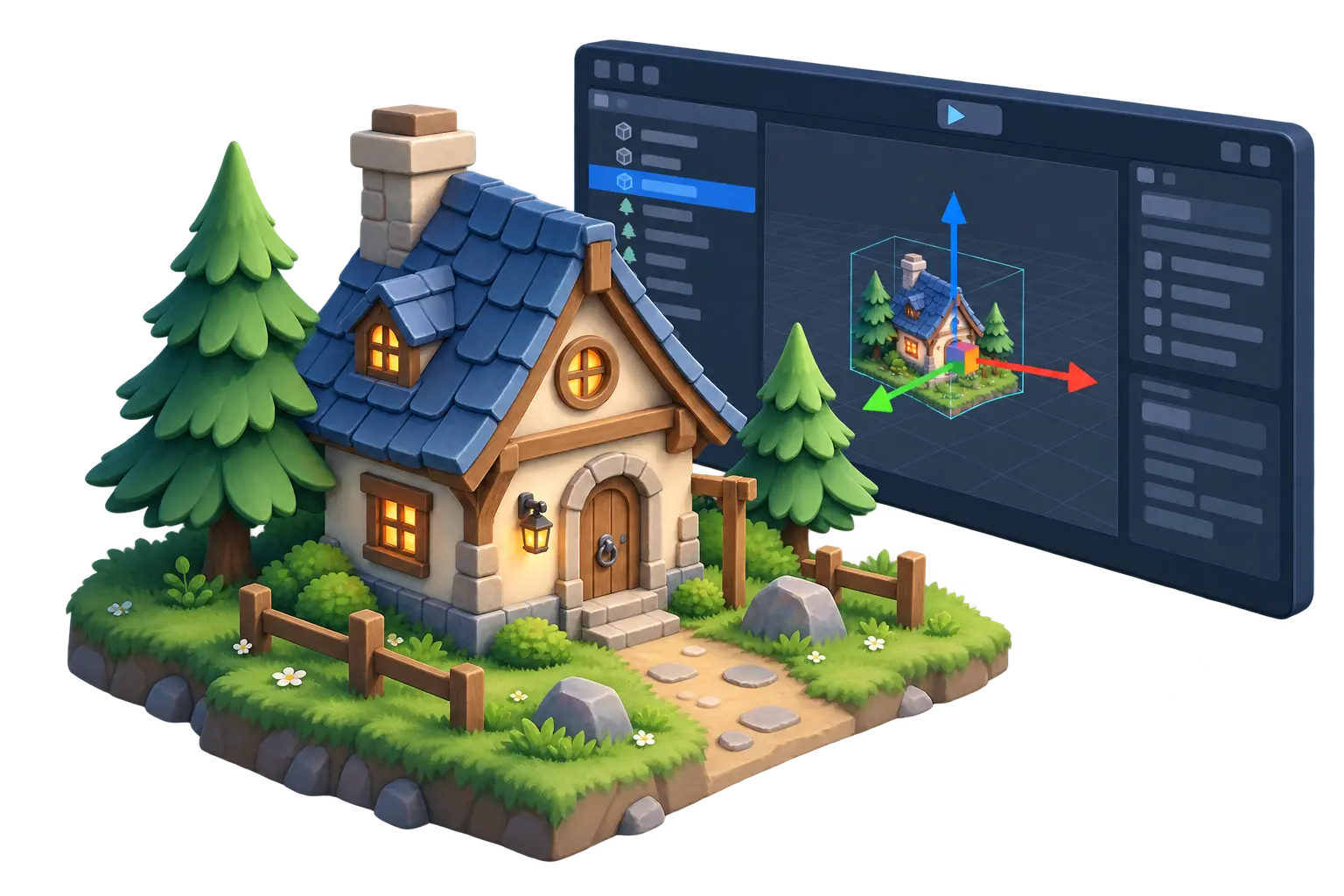 Aset rumah 3D dan tampilan editor game