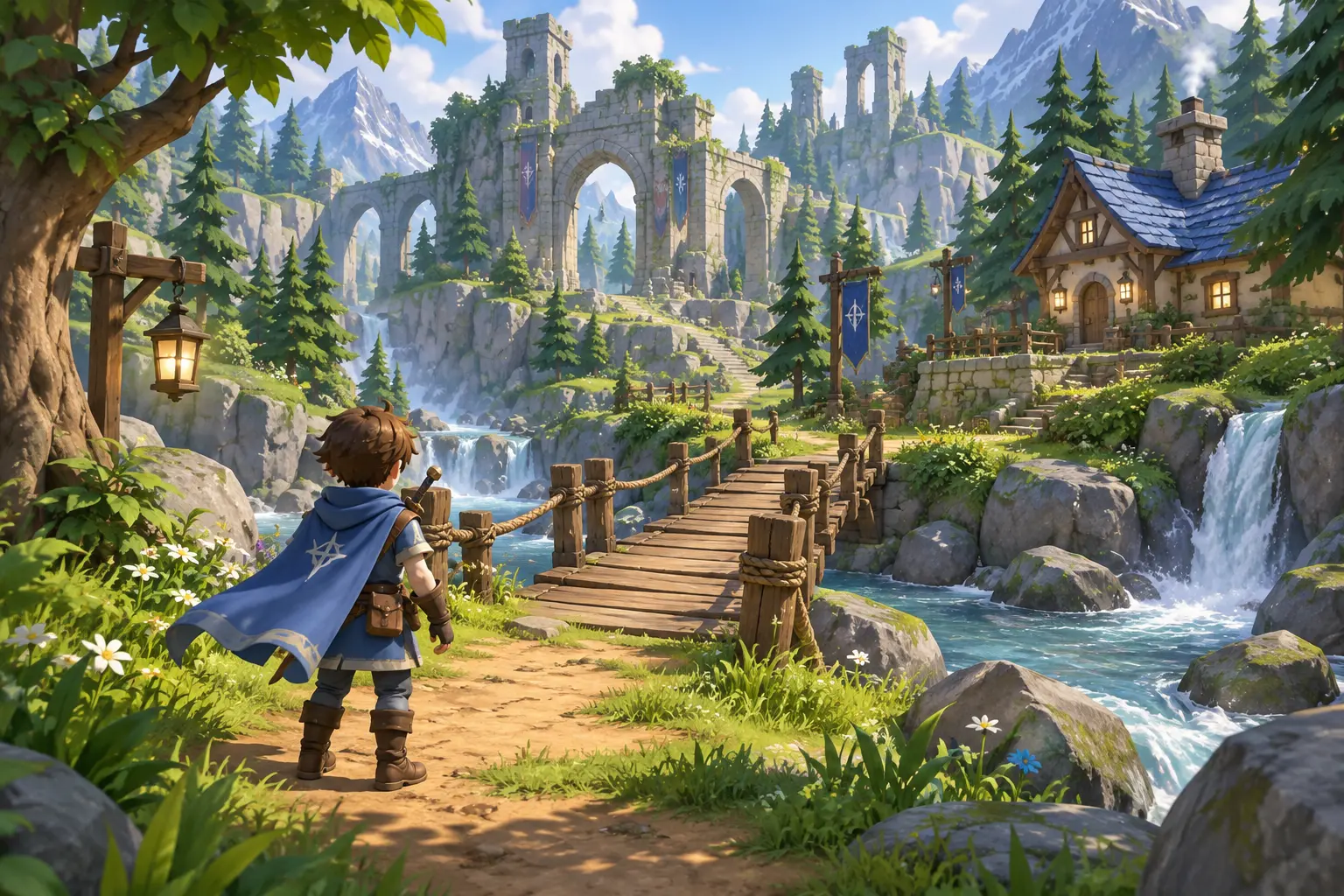 Karakter menjelajahi jembatan dan lingkungan game 3D