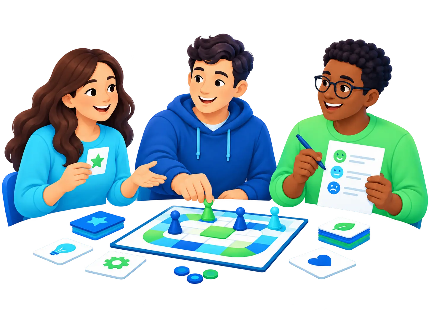 Ilustrasi tiga peserta menguji board game dan mendiskusikan feedback
