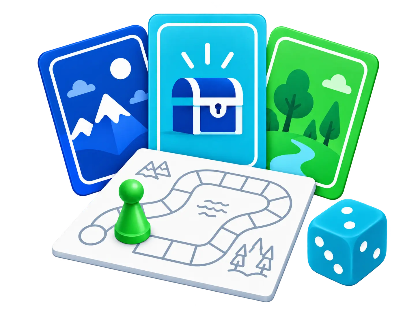 Ilustrasi prototype game berupa kartu, papan, dadu, dan bidak